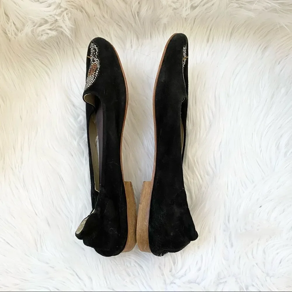 Cento Black Suede Skull Slip On Loafer Flats 40